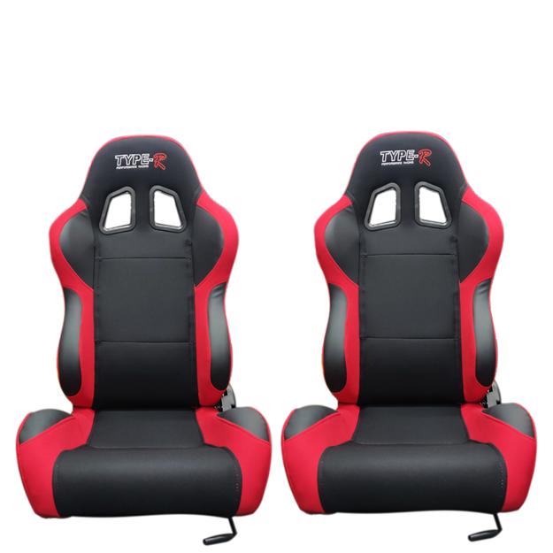 Type R - Racing Seats (PVC /Red & Black)      Red & Black PVC Racing Seats     2 x Adjustable Rails included     Reclinable and Ajustable     Sold in Pairs Only